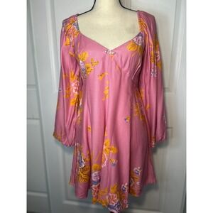 NWT Free People Francesca Pink Floral Long Sleeve Smocked Back Mini Dress Small